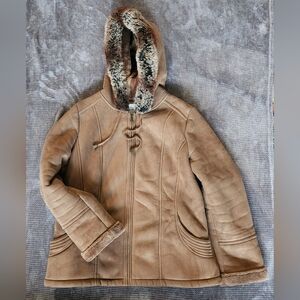 Nautica Womens Faux Suede And Fur Hooded Jacket, Sz Large, Coffee Brown, Pockets